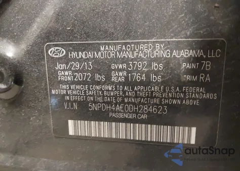 2013 Hyundai Elantra Gls z USA, uszkodzony, nr VIN 5NPDH4AE0DH284623